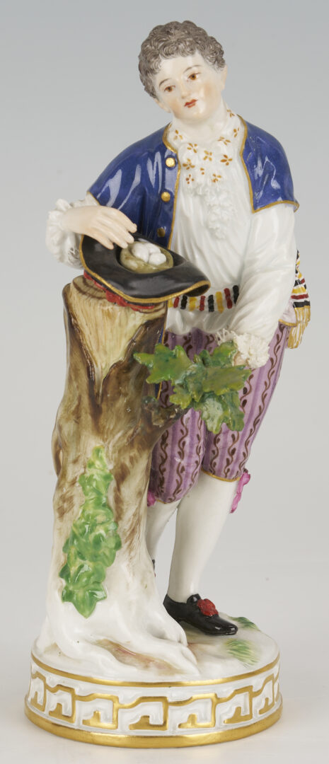 Lot 383: 2 Meissen Porcelain Figures, Men with Carrier Pigeon, Eggs