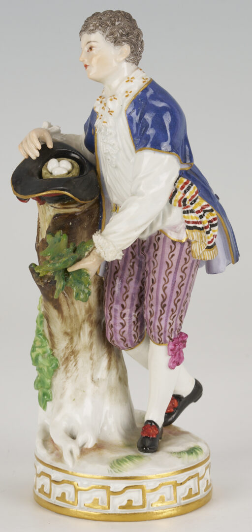 Lot 383: 2 Meissen Porcelain Figures, Men with Carrier Pigeon, Eggs