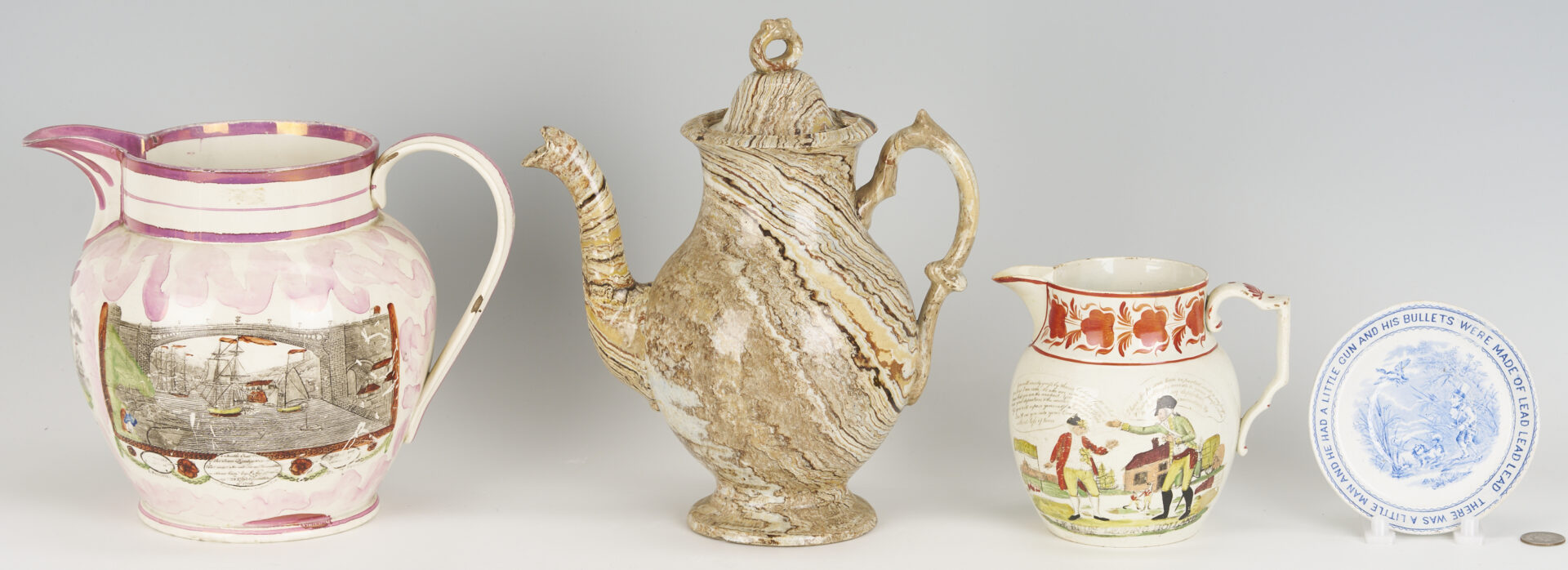Lot 385: Agateware Teapot, Staffordshire Dish, Creamware & Lustreware Pitchers, 4 pcs