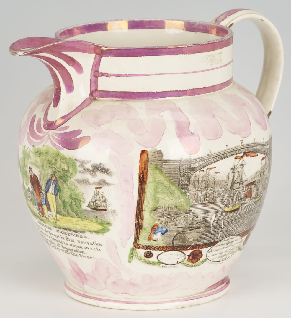 Lot 385: Agateware Teapot, Staffordshire Dish, Creamware & Lustreware Pitchers, 4 pcs