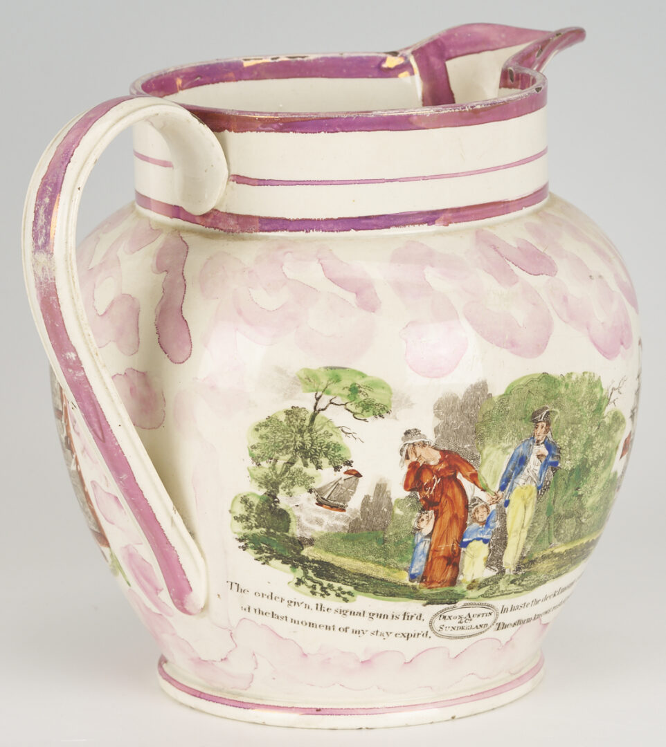Lot 385: Agateware Teapot, Staffordshire Dish, Creamware & Lustreware Pitchers, 4 pcs