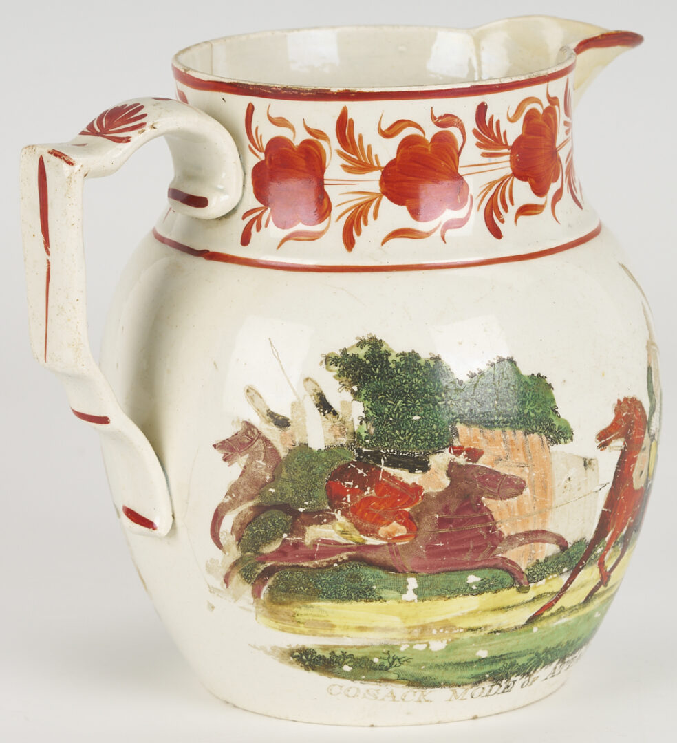 Lot 385: Agateware Teapot, Staffordshire Dish, Creamware & Lustreware Pitchers, 4 pcs