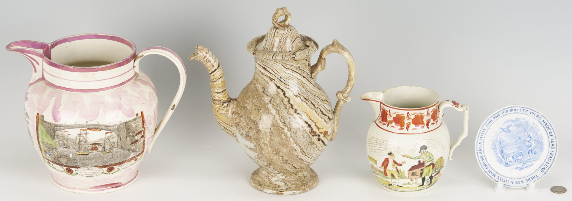 Lot 385: Agateware Teapot, Staffordshire Dish, Creamware & Lustreware Pitchers, 4 pcs