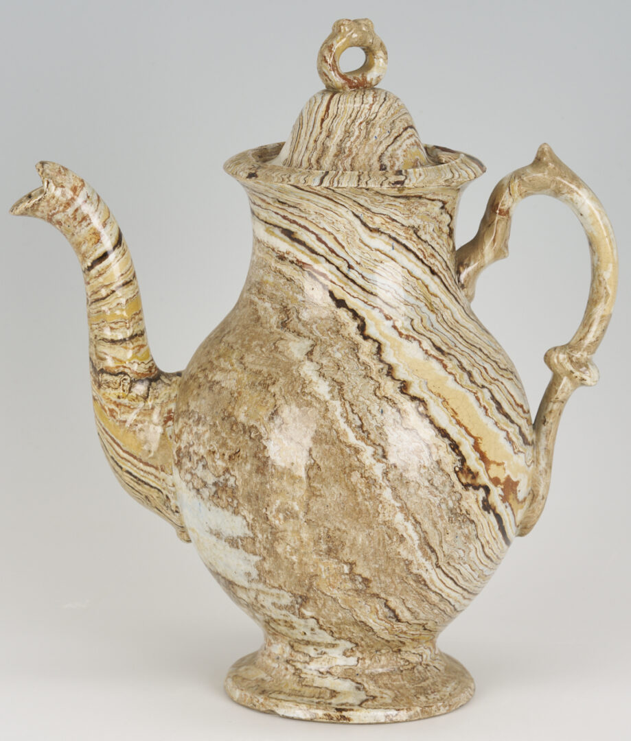 Lot 385: Agateware Teapot, Staffordshire Dish, Creamware & Lustreware Pitchers, 4 pcs