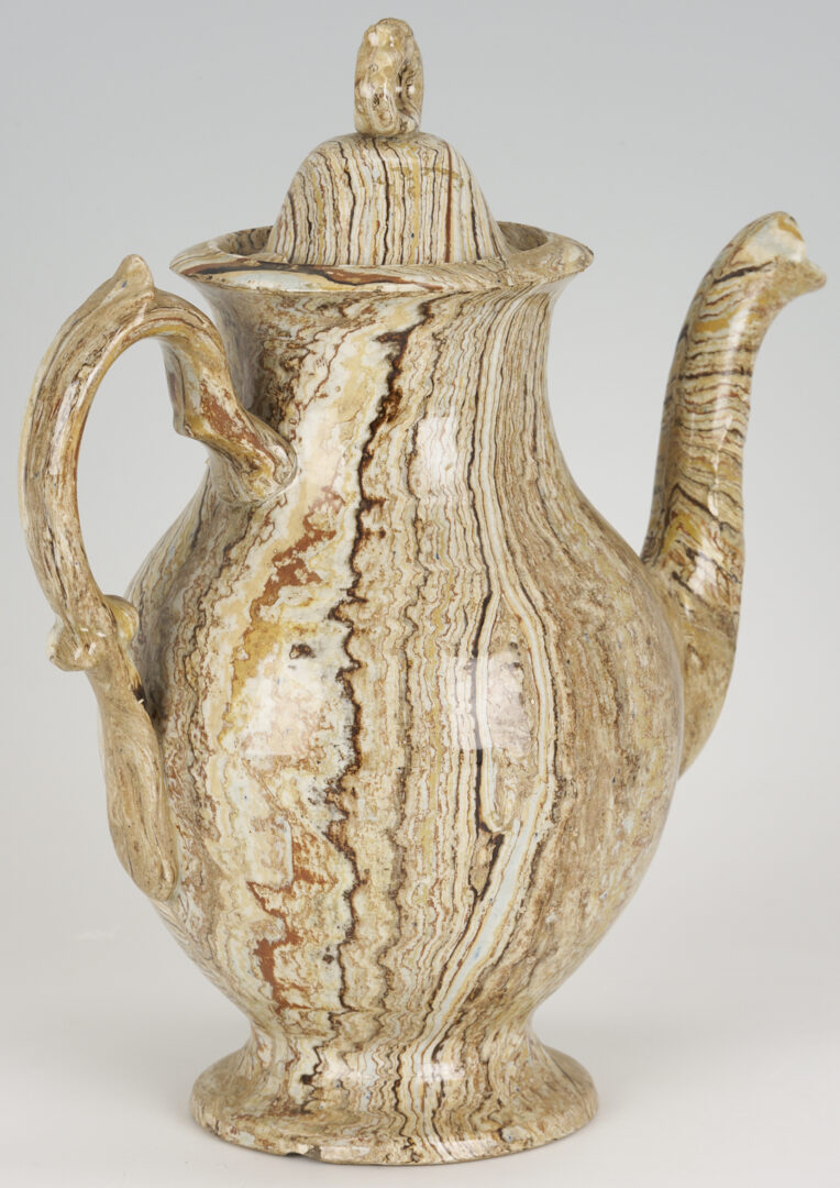 Lot 385: Agateware Teapot, Staffordshire Dish, Creamware & Lustreware Pitchers, 4 pcs