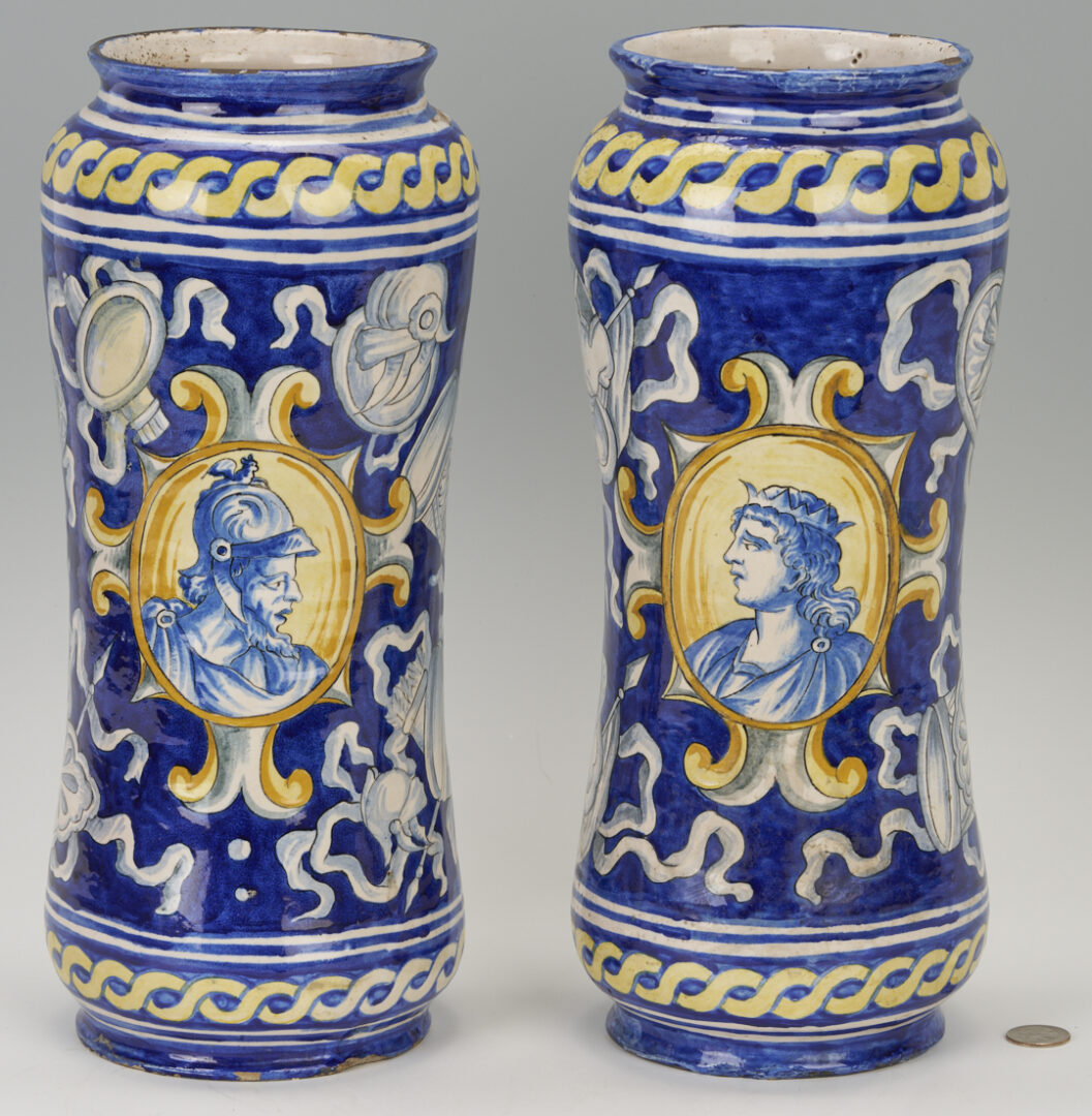 Lot 387: Pair of Italian Faience Majolica Portrait Albarello Jars
