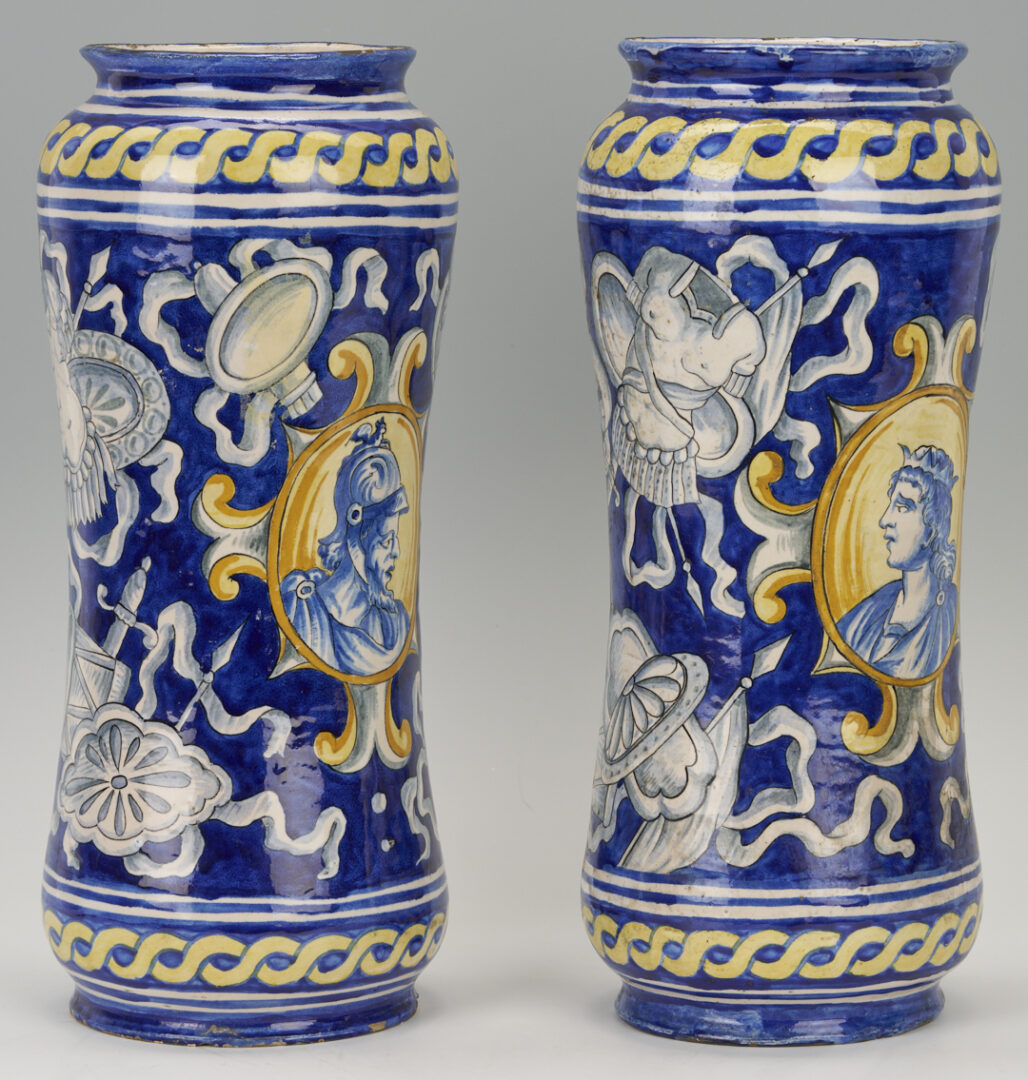 Lot 387: Pair of Italian Faience Majolica Portrait Albarello Jars