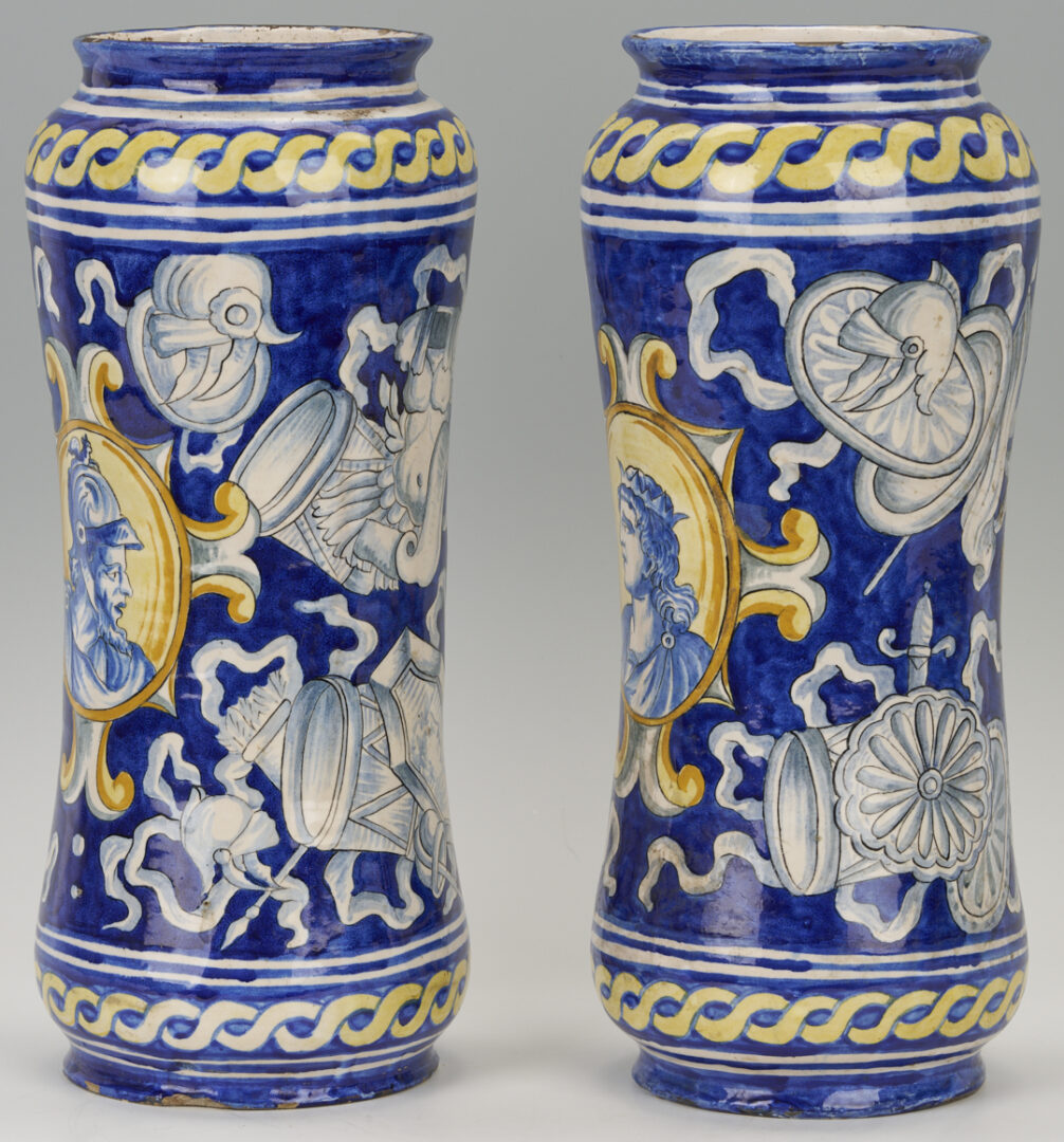 Lot 387: Pair of Italian Faience Majolica Portrait Albarello Jars