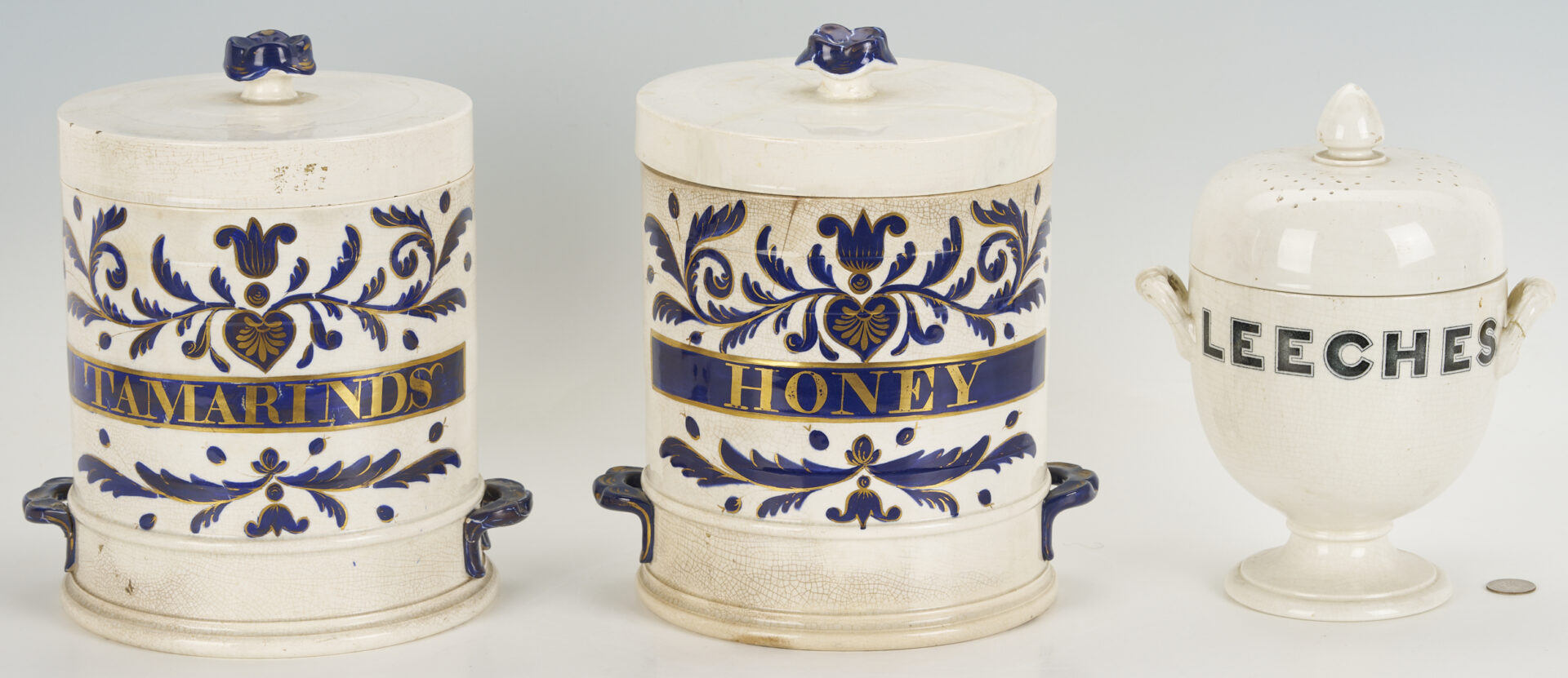 Lot 388: 3 Antique Apothecary Jars: Leeches, Honey, Tamarinds