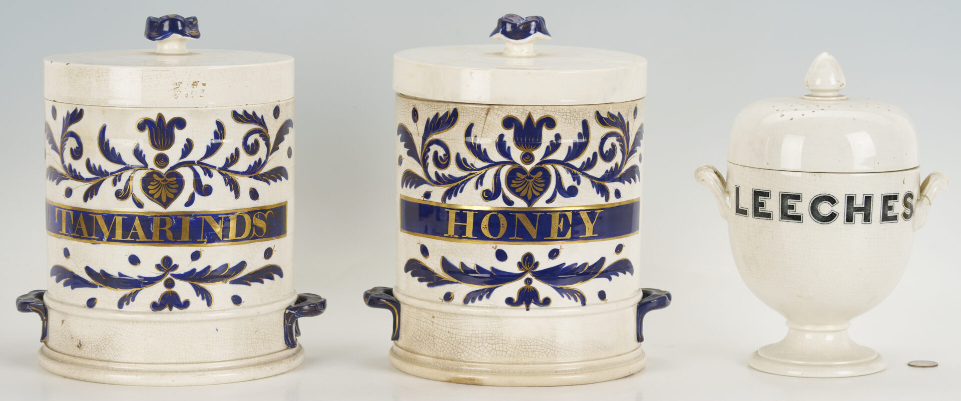 Lot 388: 3 Antique Apothecary Jars: Leeches, Honey, Tamarinds