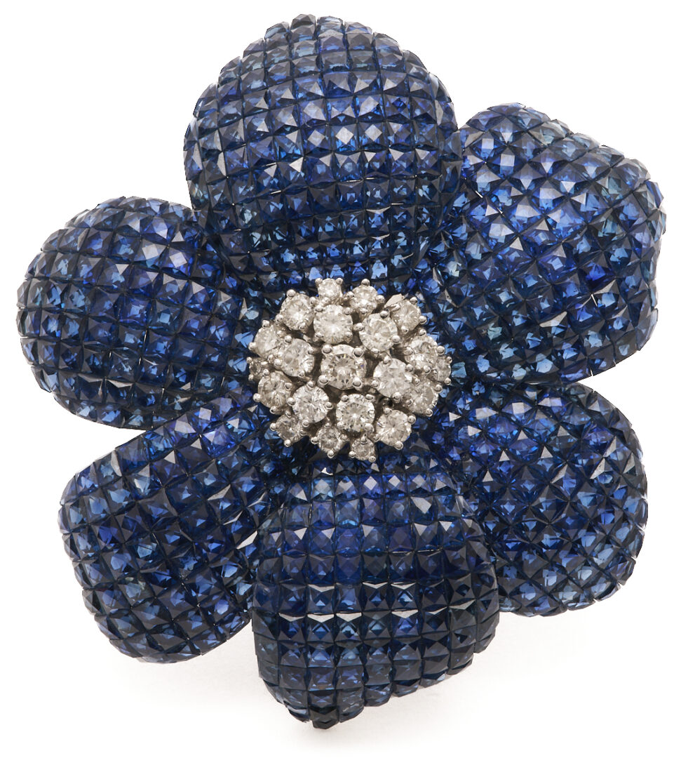 Lot 38: 18K Sapphire & Diamond Floral Brooch