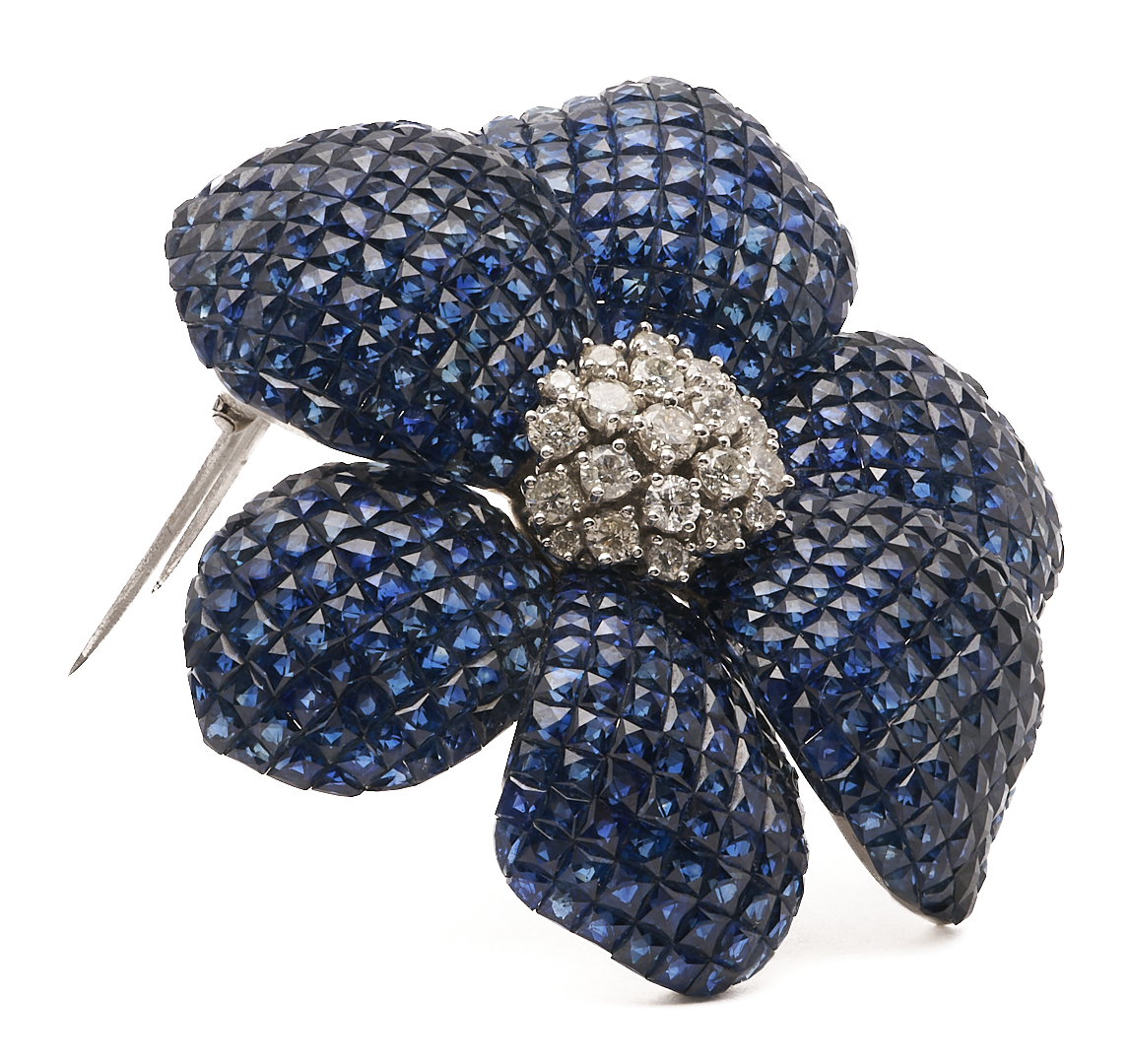 Lot 38: 18K Sapphire & Diamond Floral Brooch