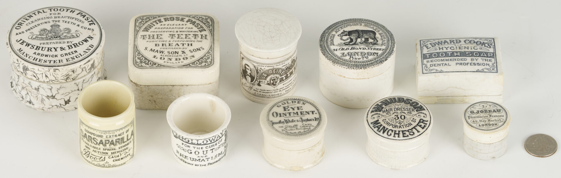 Lot 393: 10 Small White Porcelain Pharmacy Jars: Toothpaste, Advertising, etc.