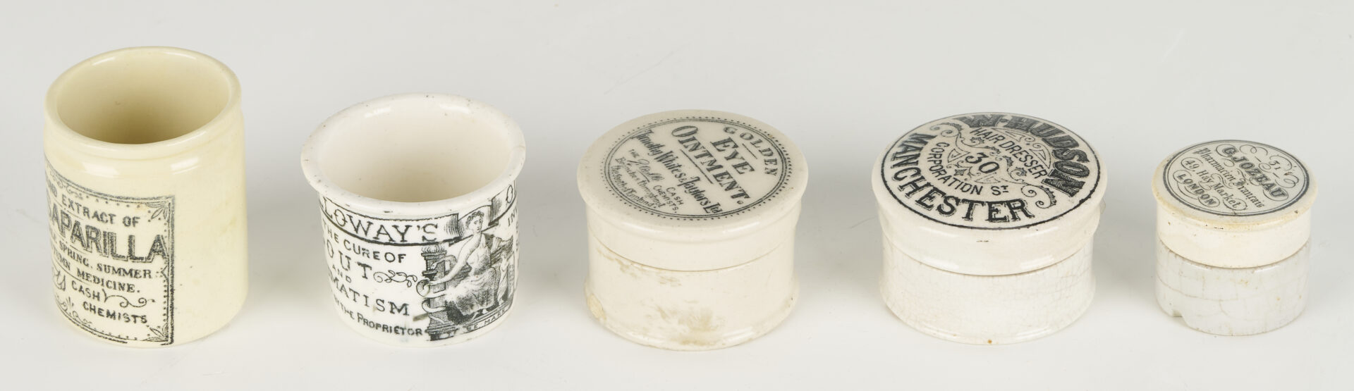Lot 393: 10 Small White Porcelain Pharmacy Jars: Toothpaste, Advertising, etc.
