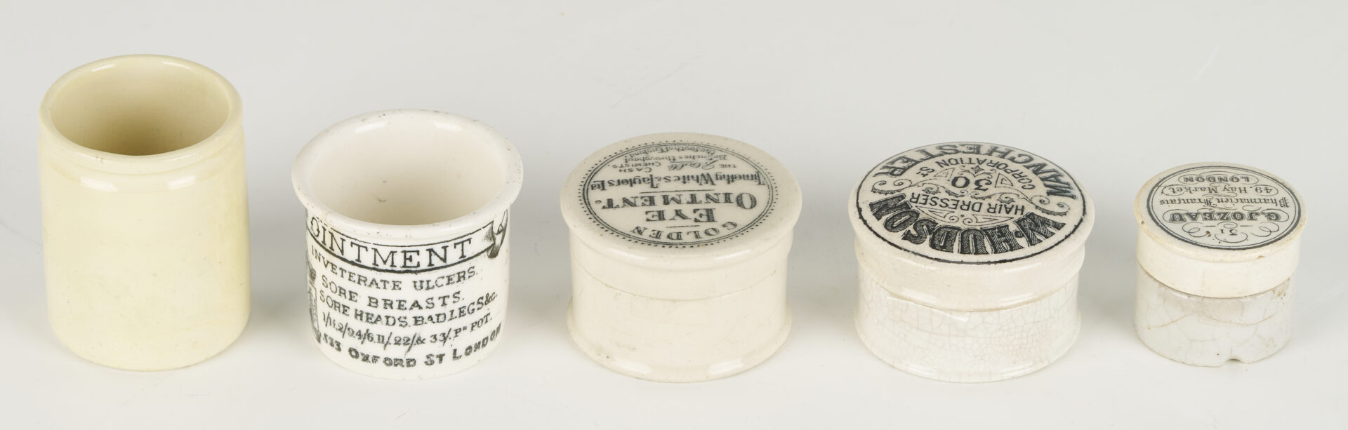 Lot 393: 10 Small White Porcelain Pharmacy Jars: Toothpaste, Advertising, etc.
