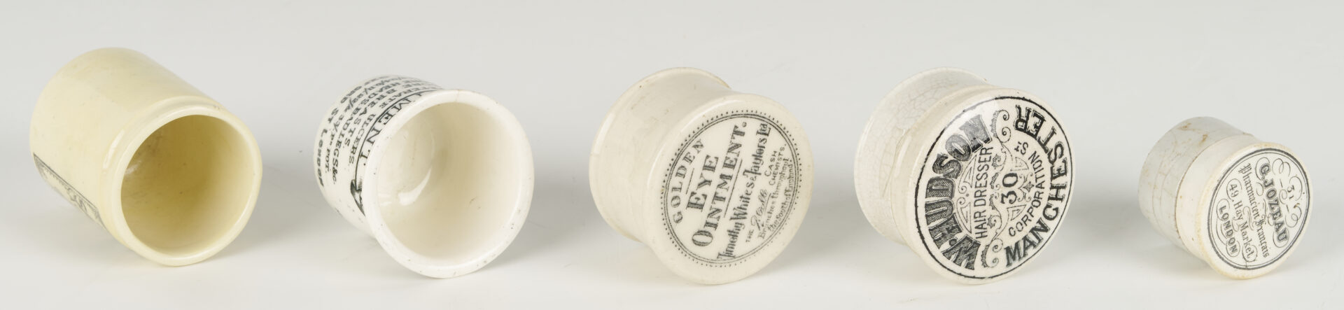 Lot 393: 10 Small White Porcelain Pharmacy Jars: Toothpaste, Advertising, etc.