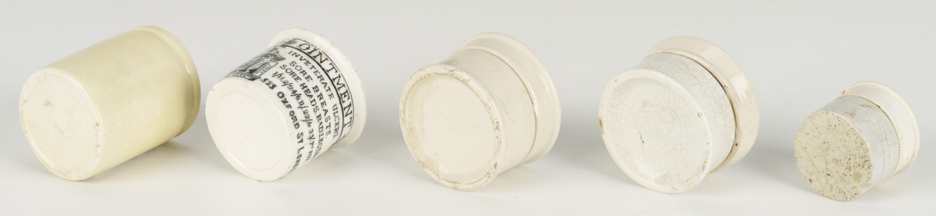 Lot 393: 10 Small White Porcelain Pharmacy Jars: Toothpaste, Advertising, etc.