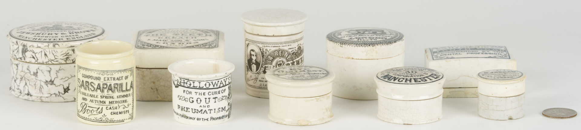 Lot 393: 10 Small White Porcelain Pharmacy Jars: Toothpaste, Advertising, etc.