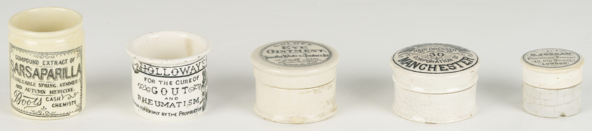 Lot 393: 10 Small White Porcelain Pharmacy Jars: Toothpaste, Advertising, etc.