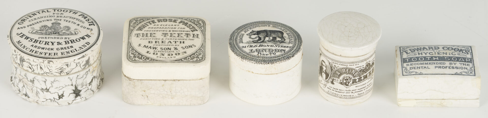 Lot 393: 10 Small White Porcelain Pharmacy Jars: Toothpaste, Advertising, etc.