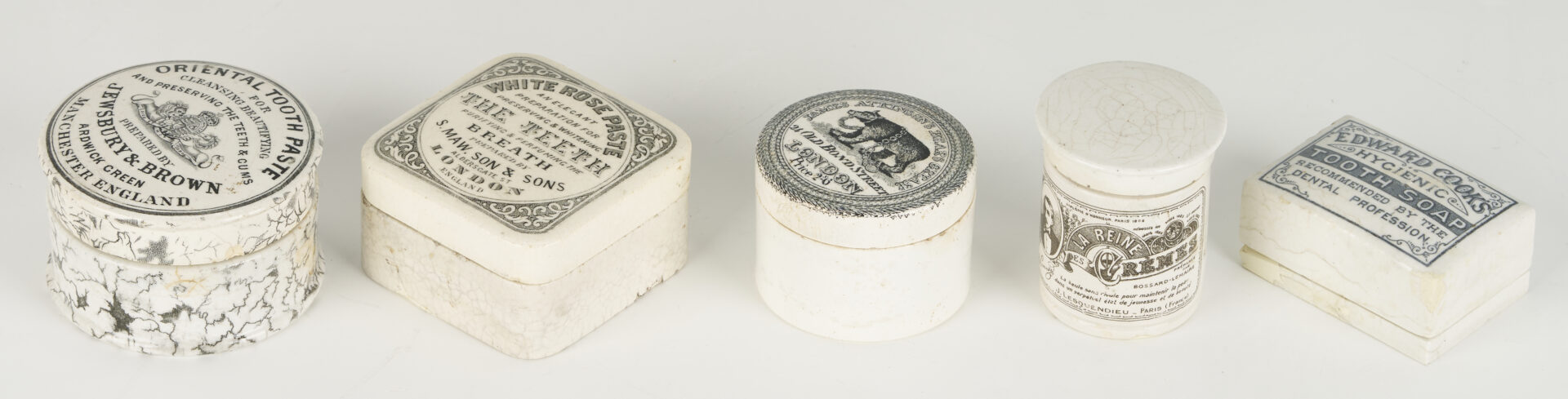 Lot 393: 10 Small White Porcelain Pharmacy Jars: Toothpaste, Advertising, etc.