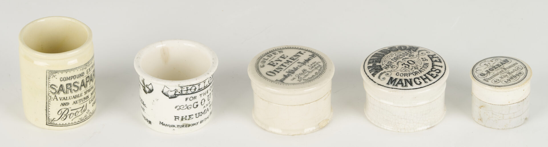 Lot 393: 10 Small White Porcelain Pharmacy Jars: Toothpaste, Advertising, etc.