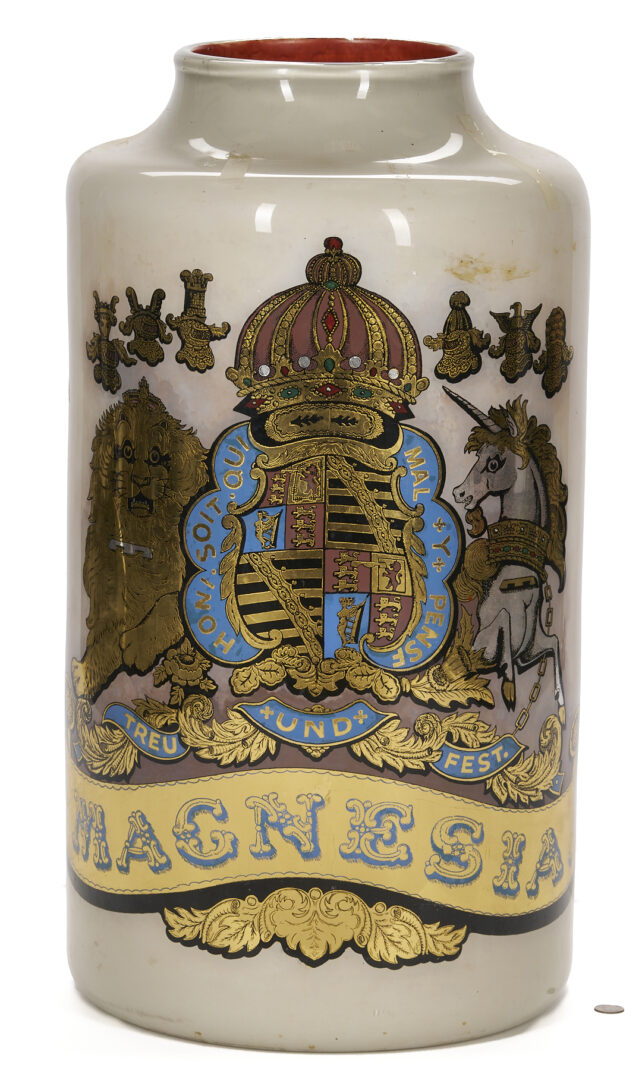 Lot 394: Large English Reverse Painted Glass Pharmacy Jar