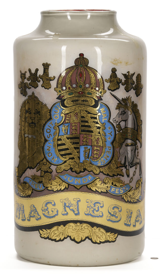 Lot 394: Large English Reverse Painted Glass Pharmacy Jar
