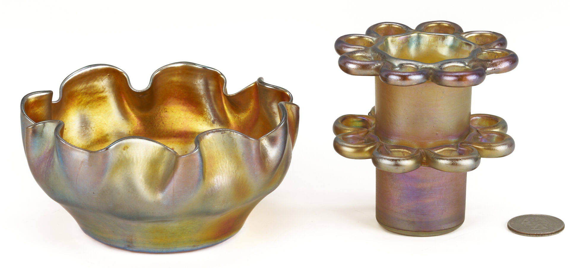Lot 400: L. C. Tiffany Favrile Glass Bowl & Flower Frog