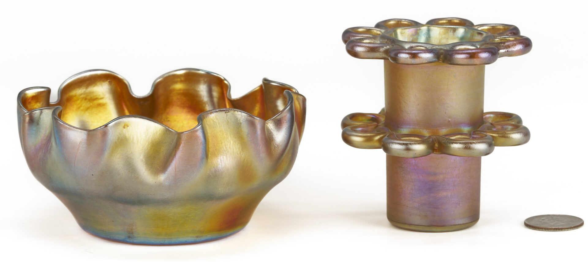 Lot 400: L. C. Tiffany Favrile Glass Bowl & Flower Frog