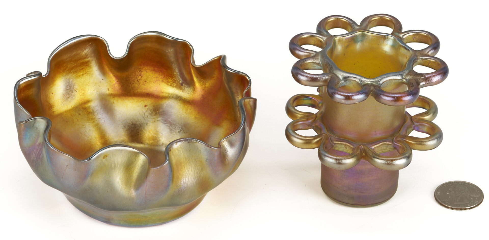 Lot 400: L. C. Tiffany Favrile Glass Bowl & Flower Frog