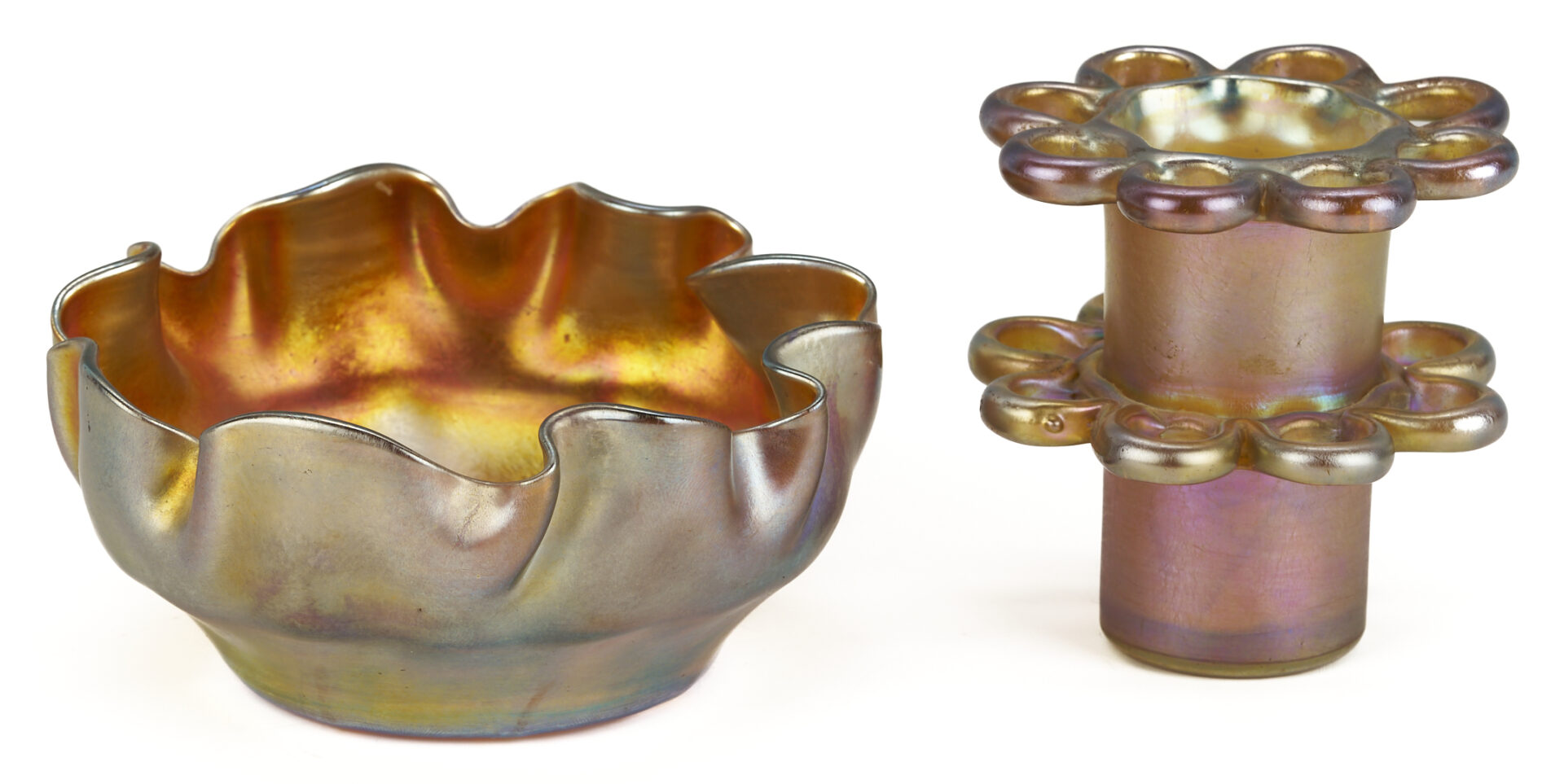 Lot 400: L. C. Tiffany Favrile Glass Bowl & Flower Frog