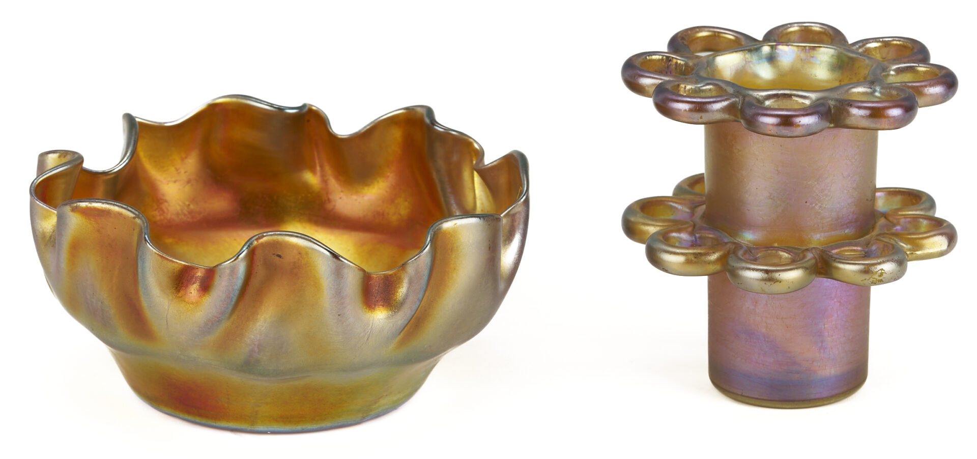 Lot 400: L. C. Tiffany Favrile Glass Bowl & Flower Frog