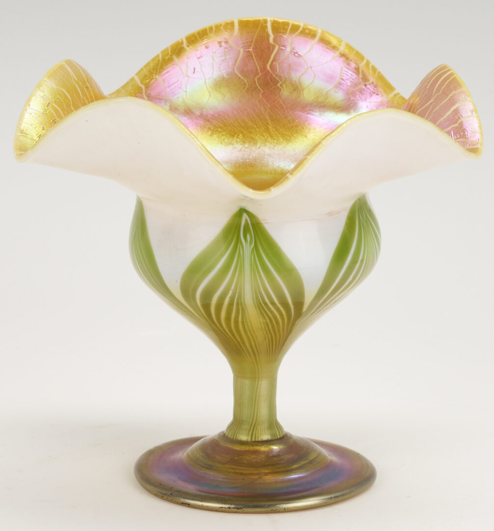 Lot 401: 3 pcs. Tiffany Favrile Iridescent Art Glass, incl. Ruffled Rim Compote