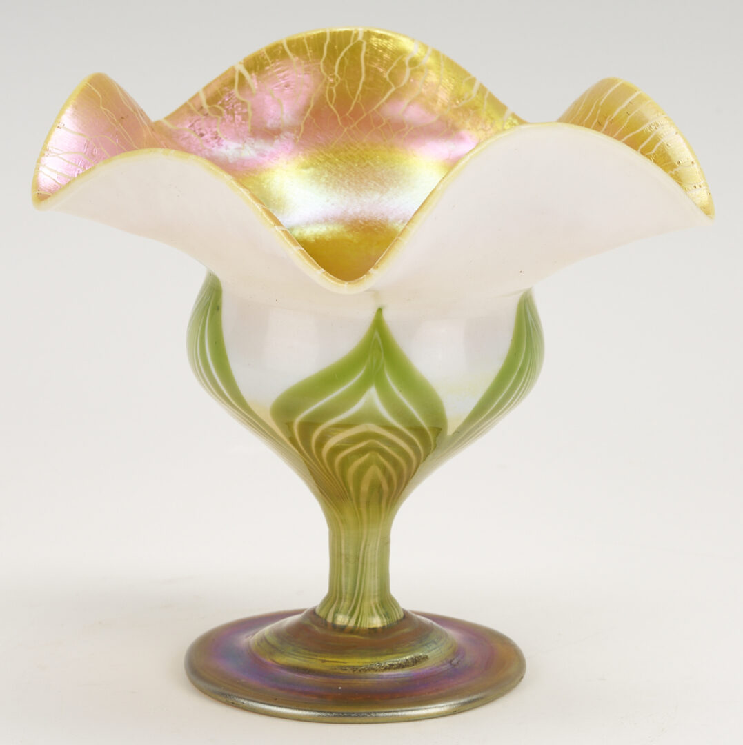Lot 401: 3 pcs. Tiffany Favrile Iridescent Art Glass, incl. Ruffled Rim Compote