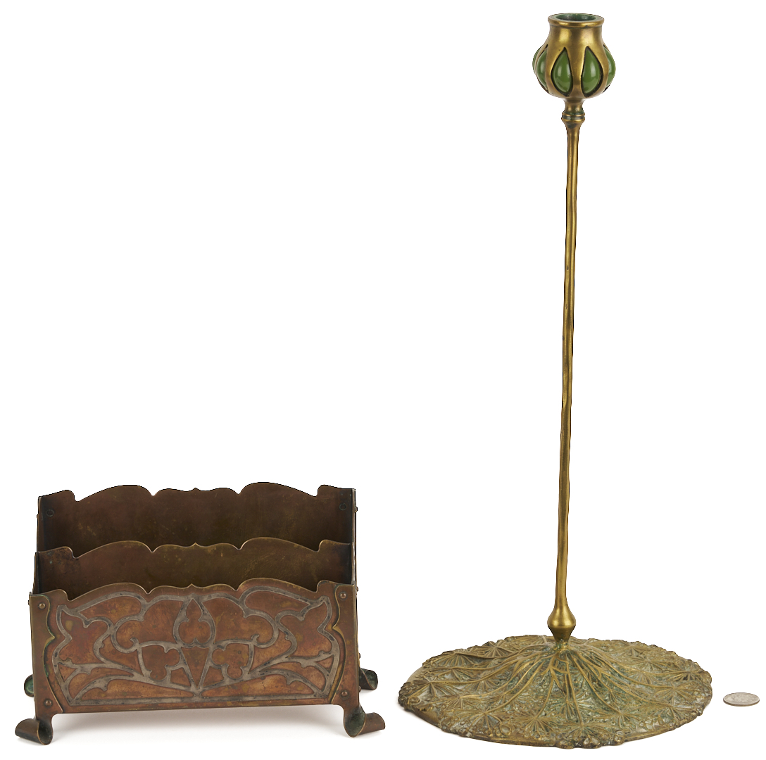 Lot 409: Tiffany Arts & Crafts Candlestick plus Letter Caddy