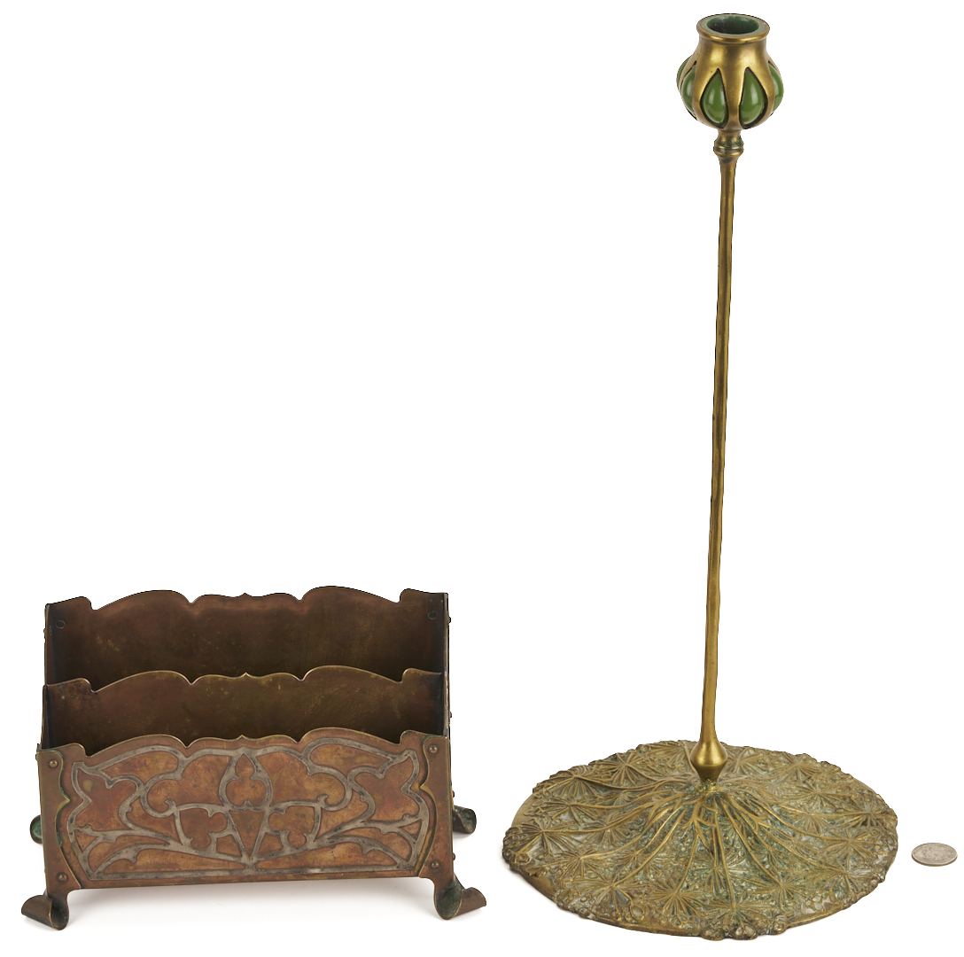 Lot 409: Tiffany Arts & Crafts Candlestick plus Letter Caddy