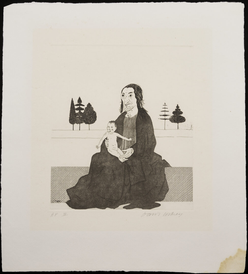 Lot 431: David Hockney Etching, Enchantress w/ Baby Rapunzel from Six Fairy Tales