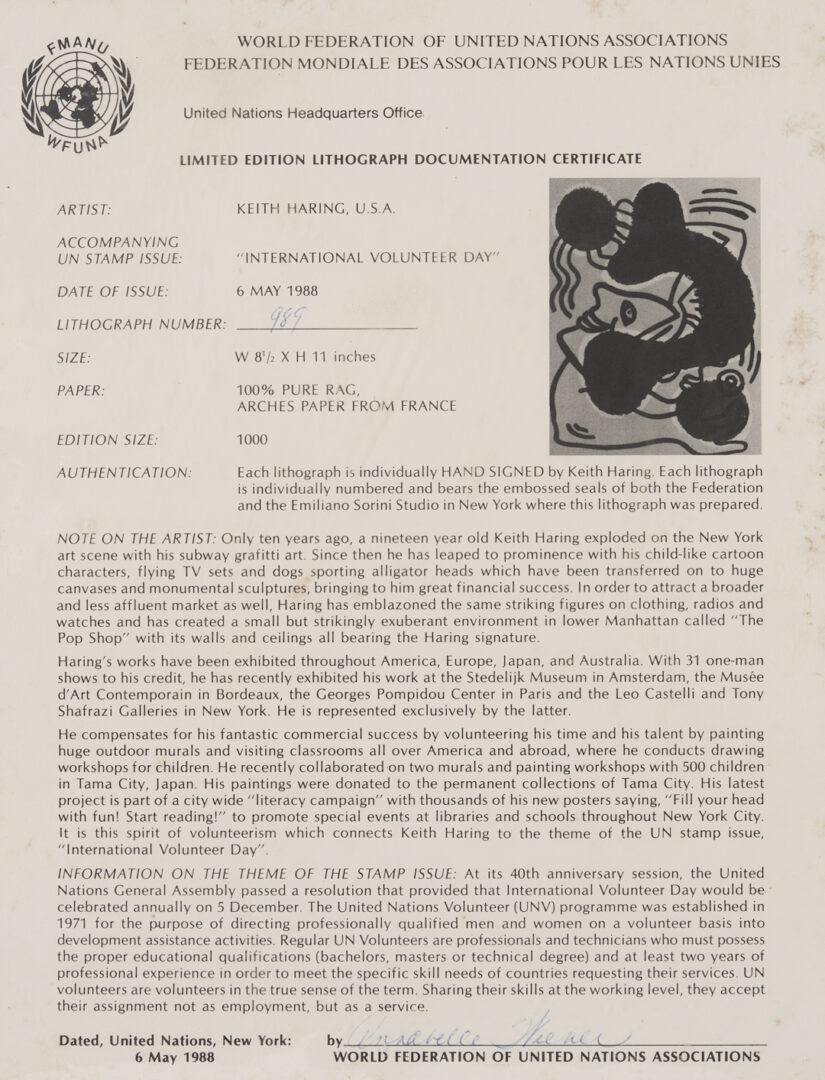 Lot 441: Keith Haring Signed Lithograph, International Volunteer Day