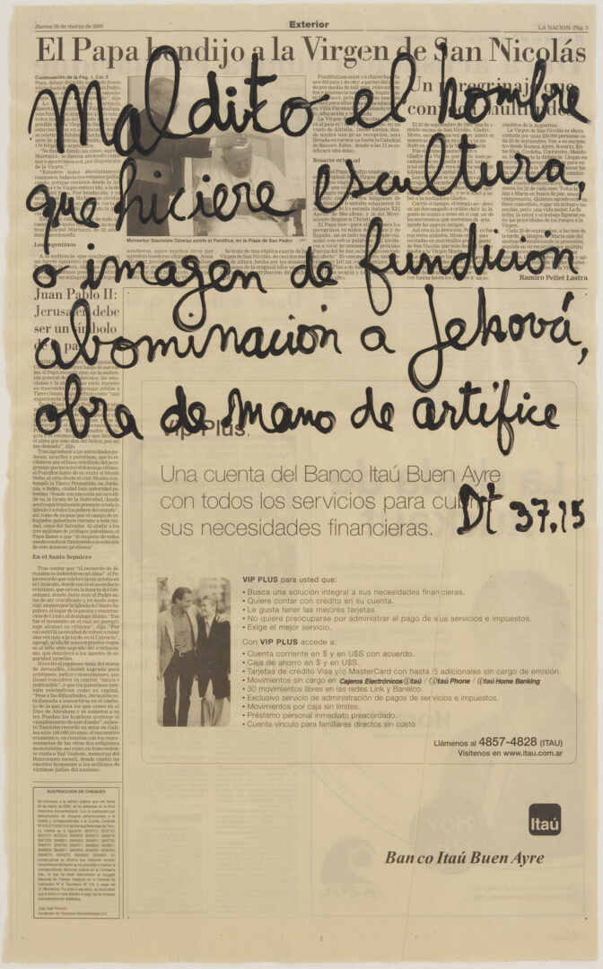 Lot 447: Leon Ferrari Conceptual Painting on Newspaper, Deuteronimo