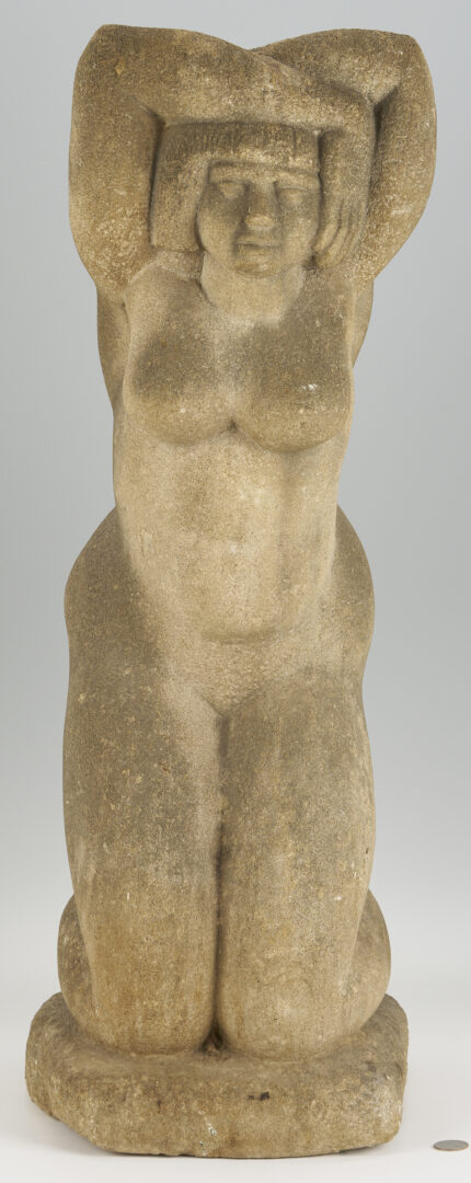 Lot 454: Attrib. Puryear Mims, Limestone Sculpture of Kneeling Woman