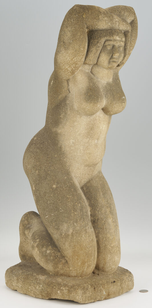 Lot 454: Attrib. Puryear Mims, Limestone Sculpture of Kneeling Woman