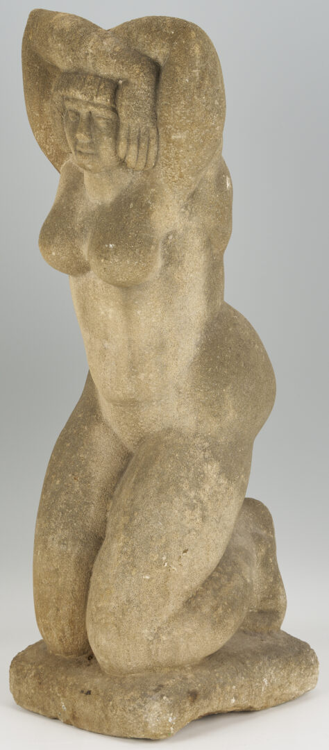 Lot 454: Attrib. Puryear Mims, Limestone Sculpture of Kneeling Woman