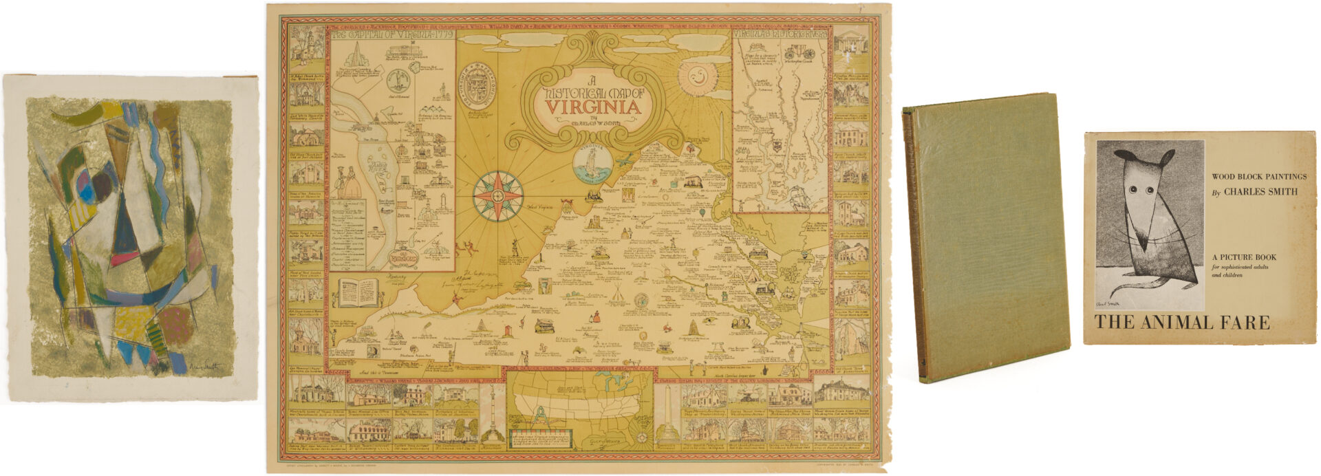 Lot 459: Charles Smith Abstract Block Painting Plus Virginia Map, Signed 32 Woodcuts Book, & Animal Fare Book