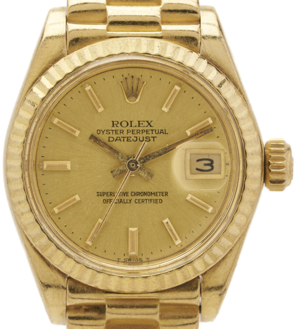 Lot 45: Ladies’ 18K Gold Rolex Oyster Perpetual Datejust Wristwatch