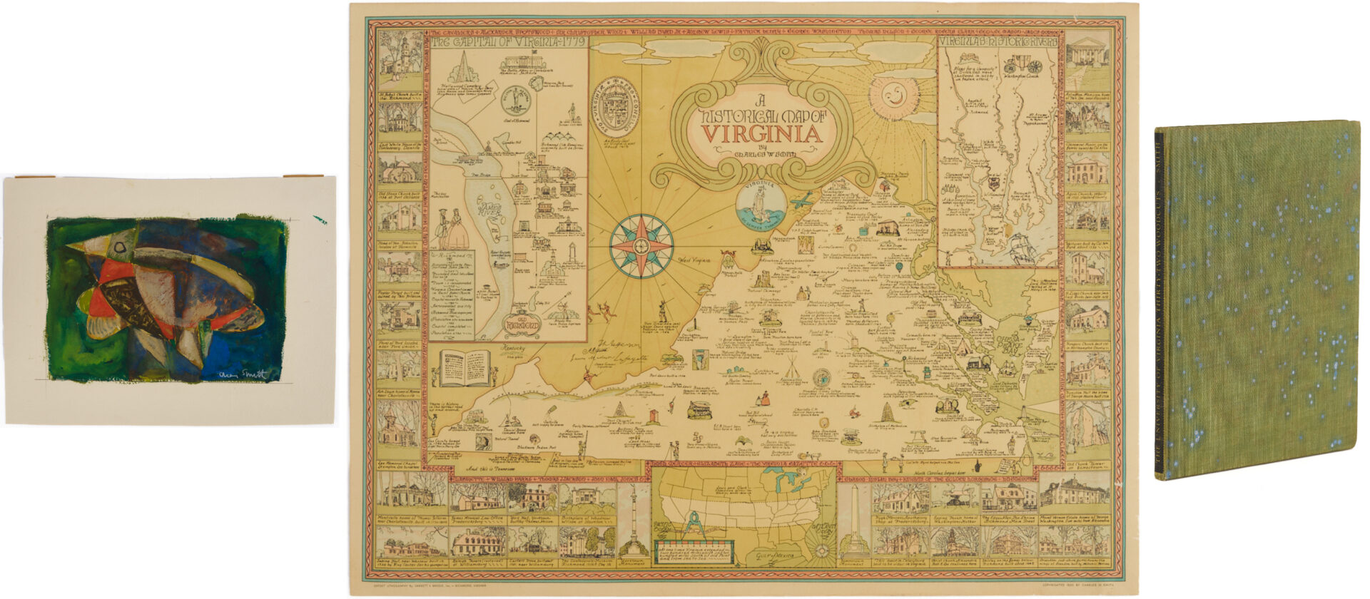 Lot 460: Charles Smith Block Painting Plus Virginia Map & Signed 32 Woodcuts Book