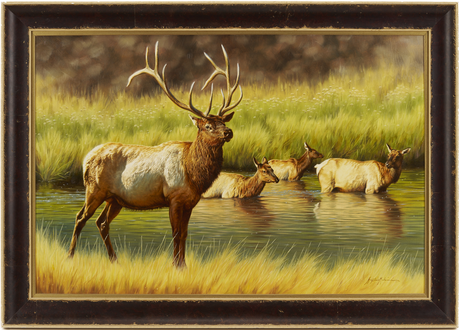 Lot 467: Krystii Melaine Western Wildlife Oil Painting, Elk