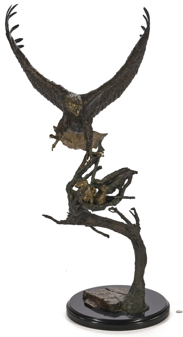 Lot 468: Laran Ghiglieri Bronze Sculpture, Nesting Eagle; Gemstone Eyes