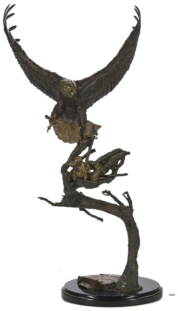 Lot 468: Laran Ghiglieri Bronze Sculpture, Nesting Eagle; Gemstone Eyes