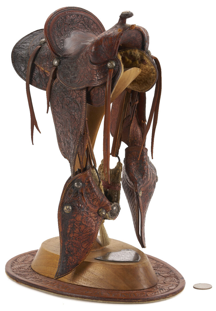 Lot 472: Visalia Quarter Scale Miniature Saddle on Stand, c. 1935